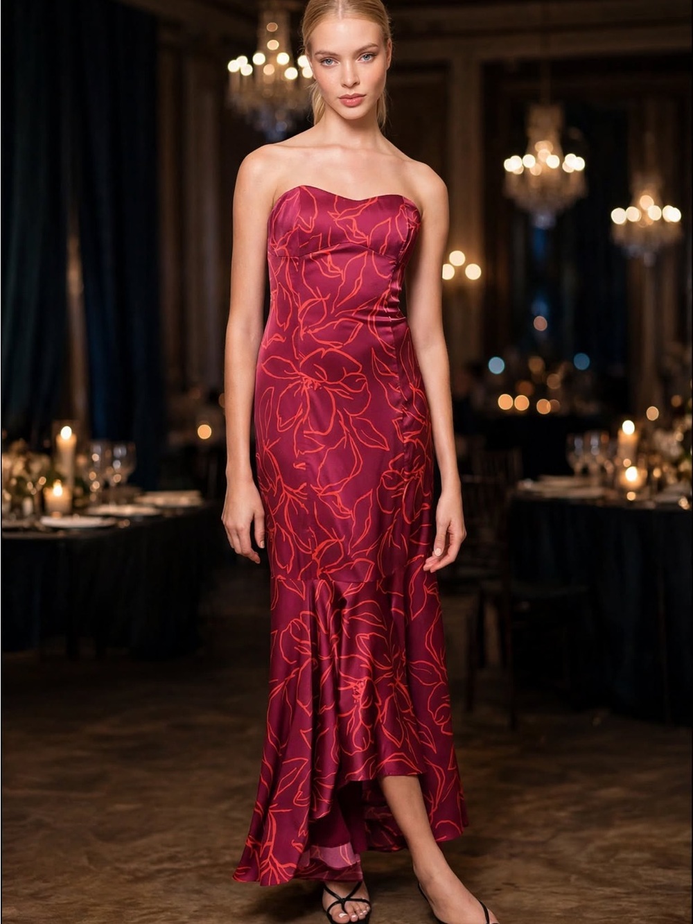 Hutch Jodi strapless dress size small or 2-4 Red Floral Maxi Dress. NWT
